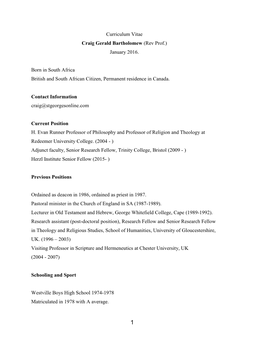 Curriculum Vitae Craig Gerald Bartholomew (Rev Prof.) January 2016