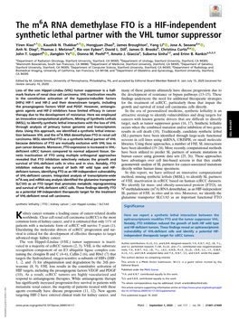 The M6a RNA Demethylase FTO Is a HIF-Independent Synthetic Lethal Partner with the VHL Tumor Suppressor