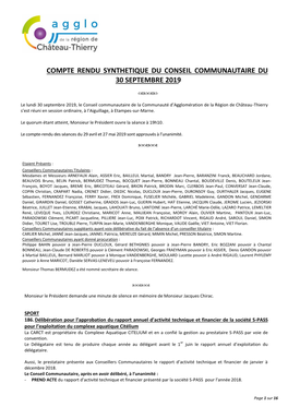 Compte Rendu Synthetique Du Conseil Communautaire Du 30 Septembre 2019