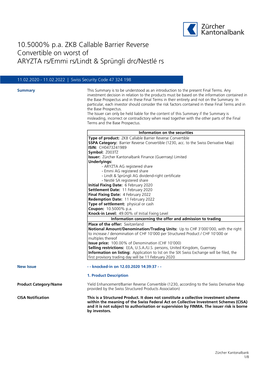 10.5000% P.A. ZKB Callable Barrier Reverse Convertible on Worst of ARYZTA Rs/Emmi Rs/Lindt & Sprüngli Drc/Nestlé Rs