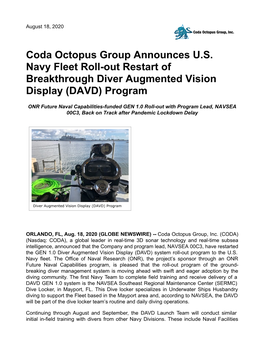 Coda Octopus Group Announces US Navy Fleet Roll-Out Restart of Breakthrough Diver Augmented Vision Display