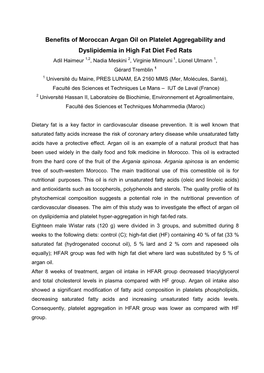 Benefits of Moroccan Argan Oil on Platelet Aggregability And