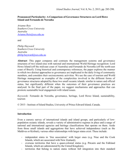 A Comparison of Governance Structures on Lord Howe Island and Fernando De Noronha