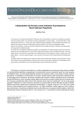 I Distanziatori Da Fornace Come Indicatori Di Produzione. Nuovi Dati Per Populonia