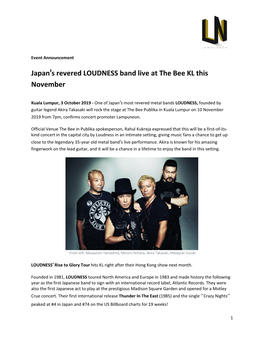 Japan's Revered LOUDNESS Band Live at the Bee KL This November