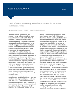 Fund of Funds Financing: Secondary Facilities for PE Funds and Hedge Funds