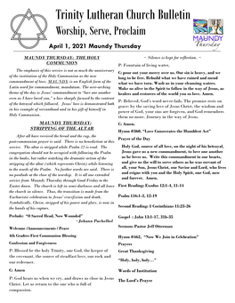 Trinity Lutheran Church Bulletin Worship, Serve, Proclaim April 1, 2021 Maundy Thursday