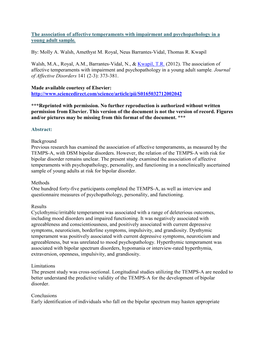 The Association of Affective Temperaments with Impairment and Psychopathology in a Young Adult Sample