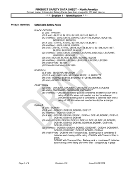 Lithium Ion Battery Packs SDS (Less Than Or Equal to 100 Whr)