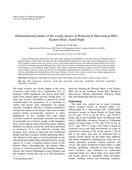 Ethnomedicinal Studies of the Woody Species of Kalrayan & Shervarayan