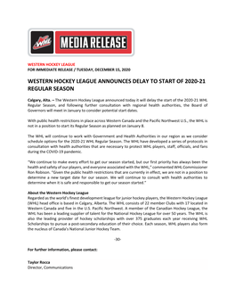 Western Hockey League Announces Delay to Start of 2020-21 Regular Season