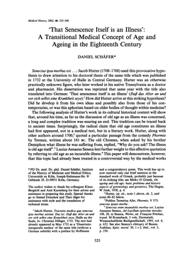 'That Senescence Itself Is an Illness': a Transitional Medical Concept of Age and Ageing in the Eighteenth Century
