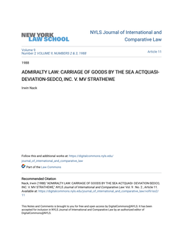 Admiralty Law: Carriage of Goods by the Sea Actquasi- Deviation-Sedco, Inc. V. Mv Strathewe