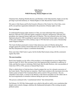 John Suarez Testimony WHEM Hearing: Human Rights in Cuba Chairman Sires, Ranking Member Rooney and Members of the Subcommittee