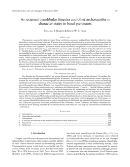 An External Mandibular Fenestra and Other Archosauriform Character States in Basal Pterosaurs