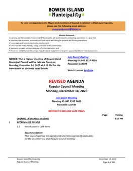 Regular Council Meeting Monday, December 14, 2020