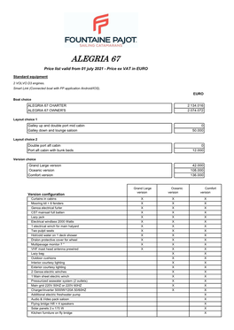 ALEGRIA 67 Price List Valid from 01 July 2021 - Price Ex VAT in EURO