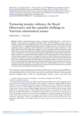 Tremoring Transits: Railways, the Royal Observatory and the Capitalist Challenge to Victorian Astronomical Science