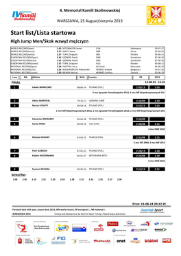 Lista Startowa High Jump Men/Skok Wzwyż Mężczyzn