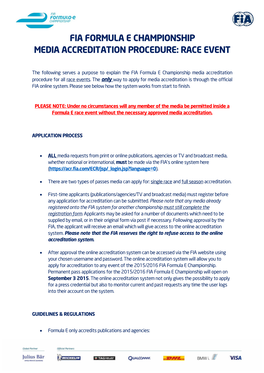 Fia Formula E Championship Media Accreditation Procedure: Race Event