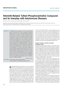 Helminth-Related Tuftsin-Phosphorylcholine Compound and Its Interplay with Autoimmune Diseases Miri Blank Phd1 and Yehuda Shoenfeld MD FRCP Masacr1,2