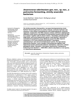Anaerovorax Odorimutans Gen. Nov., Sp. Nov., a Putrescine-Fermenting, Strictly Anaerobic Bacterium