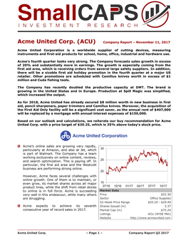 (ACU) Company Report – November 11, 2017 Acme United Corporation