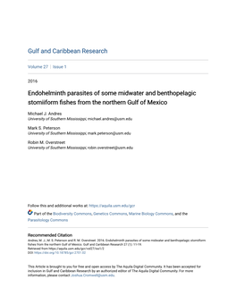 Endohelminth Parasites of Some Midwater and Benthopelagic Stomiiform Fishes from the Northern Gulf of Mexico