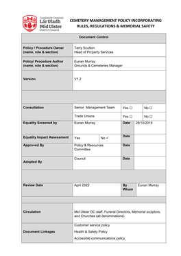 Cemetery Management Policy Incorporating Rules, Regulations & Memorial Safety