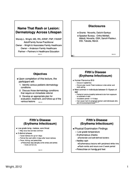 Name That Rash Or Lesion: Dermatology Across Lifespan ►►Grants: Novartis, Daiichidaiichi--Sankyosankyo ►►Speaker Bureau: Orthoortho--Mcneil,Mcneil, Wendy L