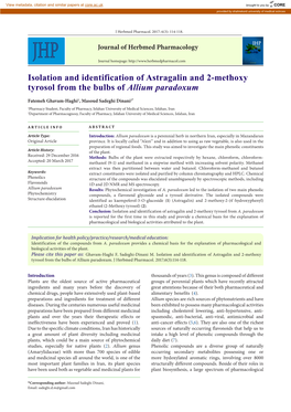 Isolation and Identification of Astragalin and 2-Methoxy Tyrosol from the Bulbs of Allium Paradoxum