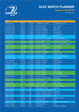 OLSC MATCH PLANNER Season 2018/19 * All Times Irish