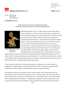 MFA Boston, Museum to Unveil Gems and Jewelry of the Ancient Mediterranean Gallery, Press Release, P