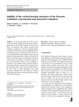 Stability of the Vertical Bearing Structures of the Syracuse Cathedral: Experimental and Numerical Evaluation