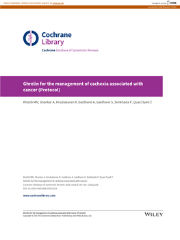 Ghrelin for the Management of Cachexia Associated with Cancer (Protocol)