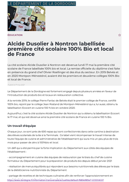 Alcide Dusolier À Nontron Labellisée Première Cité Scolaire 100% Bio Et Local De France