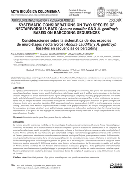 Anoura Caudifer and A. Geoffroyi) BASED on BARCODING SEQUENCES Consideraciones Sobre La Sistemática De Dos Especies De Murciélagos Nectarívoros (Anoura Caudifer Y A