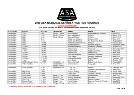 2020 ASA NATIONAL SENIOR ATHLETICS RECORDS As on 30 September 2020 (For World Records and African Records Refer to Web Page Www