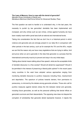 How to Cope with the Denial of Genocide? Marcello Flores (University of Siena) and Marialaura Marinozzi (Sant’Anna School for Advanced Studies, Pisa)