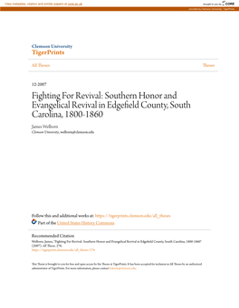 Southern Honor and Evangelical Revival in Edgefield County, South Carolina, 1800-1860