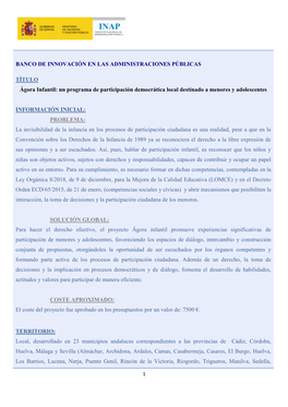 BANCO DE INNOVACIÓN EN LAS ADMINISTRACIONES PÚBLICAS TÍTULO Ágora Infantil: Un Programa De Participación Democrática Local