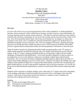 CY PLAN 256 Healthy Cities: Planning, Politics & Population