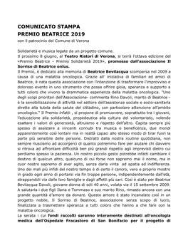 COMUNICATO STAMPA PREMIO BEATRICE 2019 Con Il Patrocinio Del Comune Di Verona