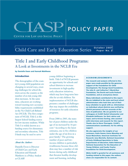 Title I and Early Childhood Programs: a Look at Investments in the NCLB Era