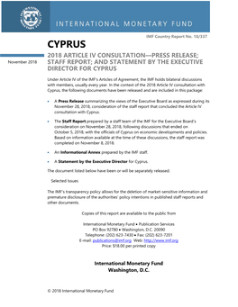 Cyprus: 2018 Article IV Consultation—Press Release; Staff Report; and Statement by the Executive Director for Cyprus; IMF Coun