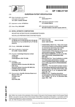 Novel Antibiotic Compositions Neuartige Antibiotische Zusammensetzungen Nouvelles Préparations D’Antibiotiques