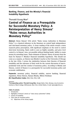 A Reinterpretation of Henry Simons’ “Rules Versus Authorities in Monetary Policy”
