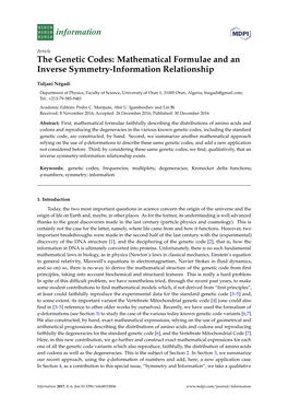 The Genetic Codes: Mathematical Formulae and an Inverse Symmetry-Information Relationship