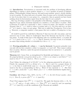 4. Primality Testing 4.1. Introduction. Factorisation Is Concerned with The