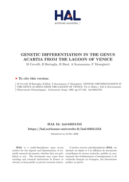 GENETIC DIFFERENTIATION in the GENUS ACARTIA from the LAGOON of VENICE M Cervelli, B Battaglia, R Bisol, a Scaramuzza, F Meneghetti